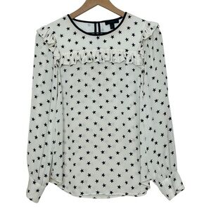 J Crew Silk Ruffled Star Print Ivory Black Blouse Size 6